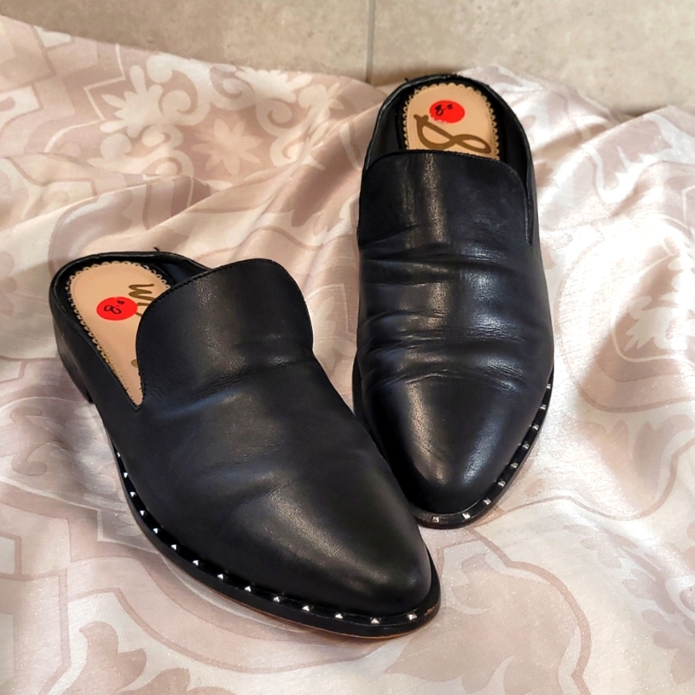 Sam Edelman Black Leather Woman's Mules Decorative Silver Studding